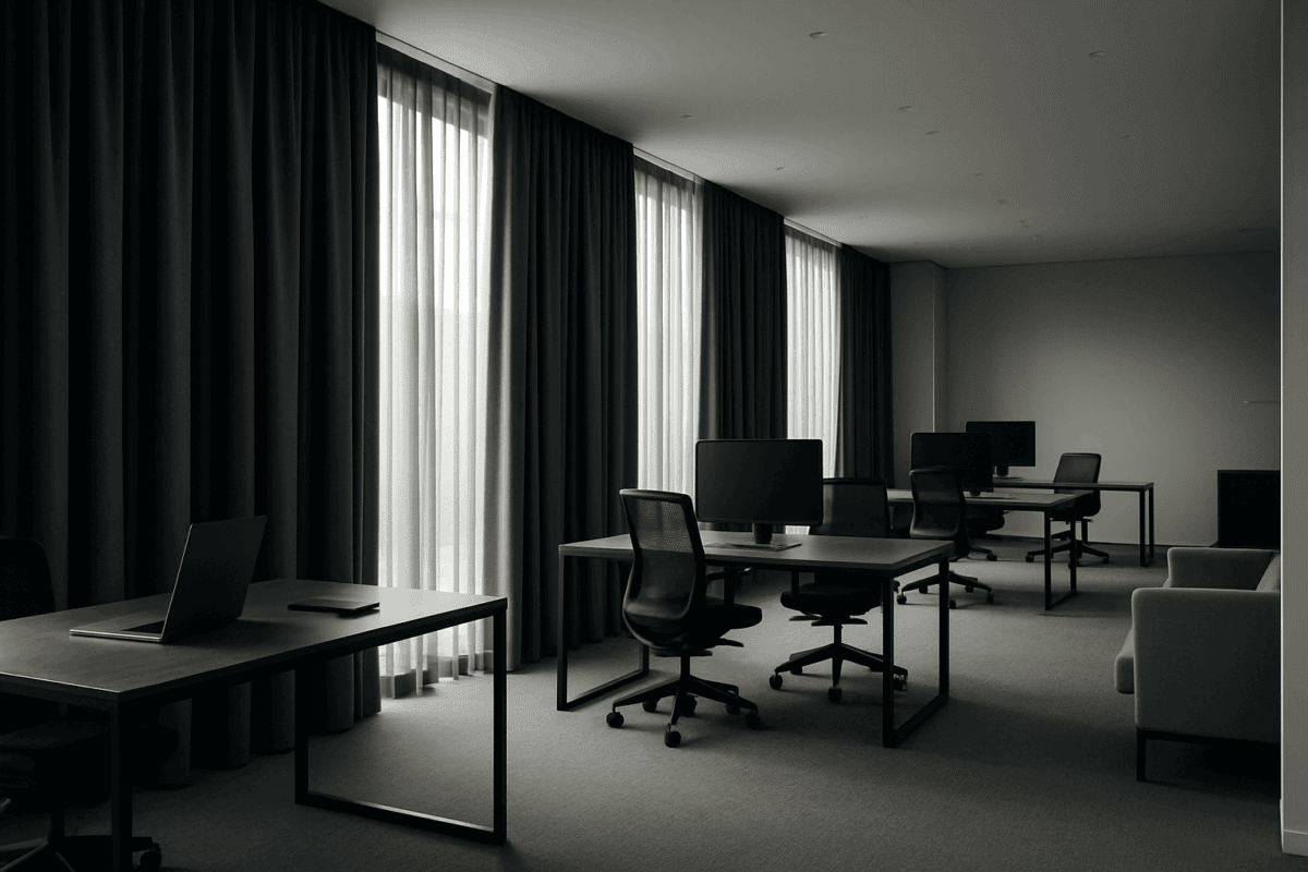 Persianas para ventanas a medida en oficina moderna con cortinas oscuras y escritorios de trabajo.