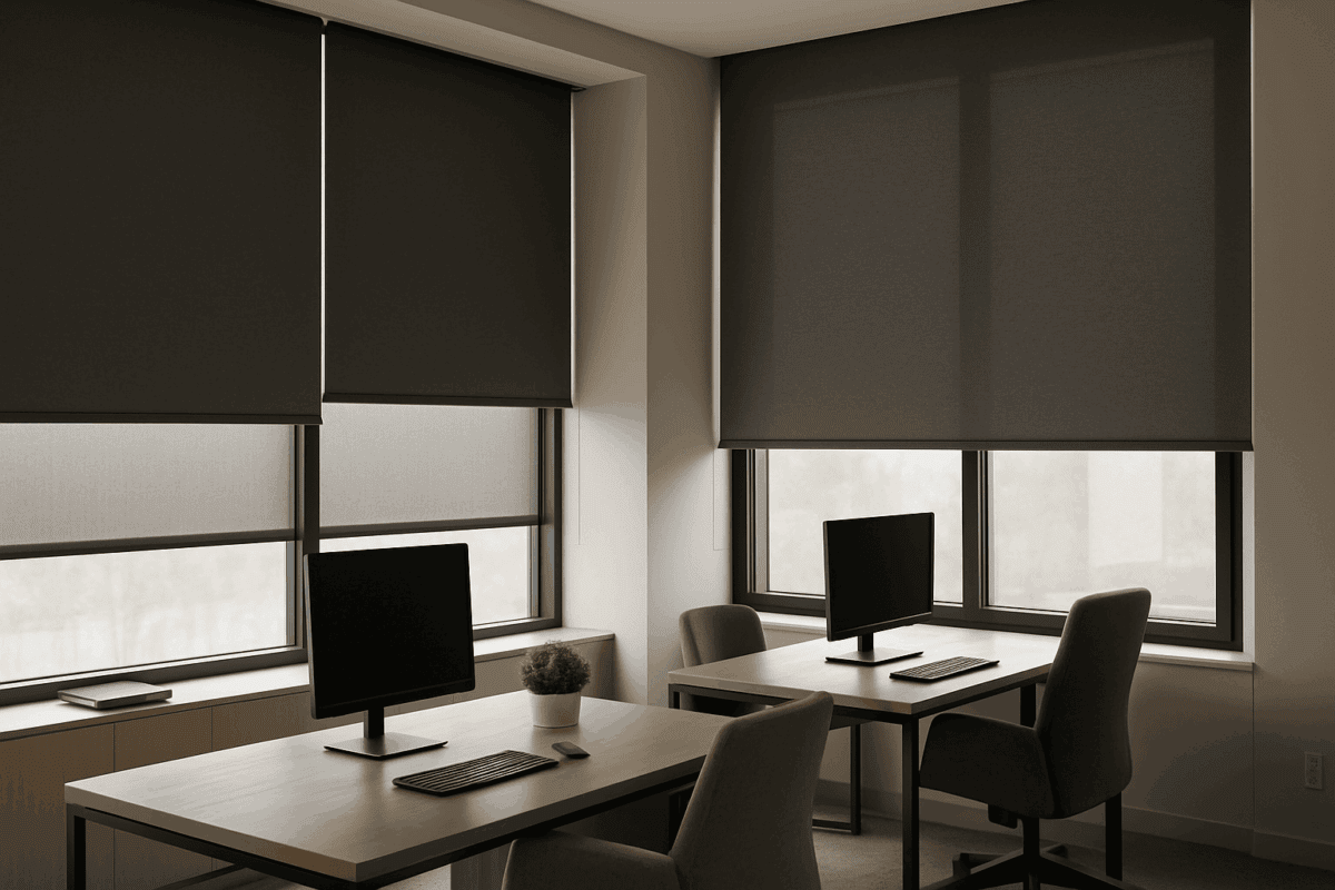 Persianas black out a medida en oficina con ventanas grandes y muebles modernos.