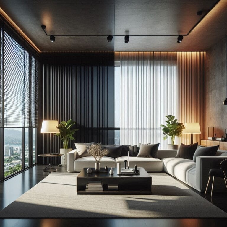 Persianas a medida en salón moderno con iluminación cálida y vista panorámica.