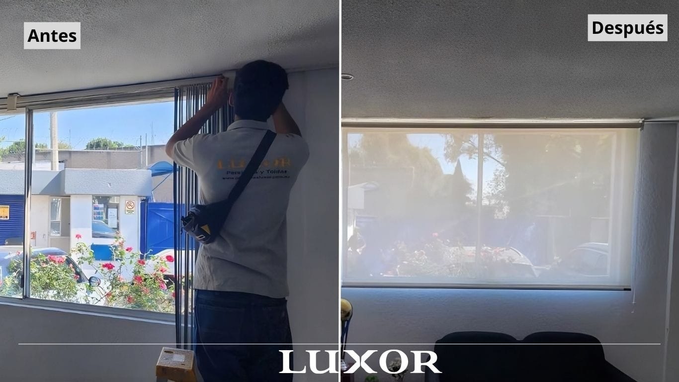 Antes y después de instalar persianas de malla solar en ventanas reales. Izquierda: ventana sin protección con mucho calor y reflejos. Derecha: misma ventana con persianas de malla solar bloqueando el 95% del calor y UV manteniendo la vista al exterior.