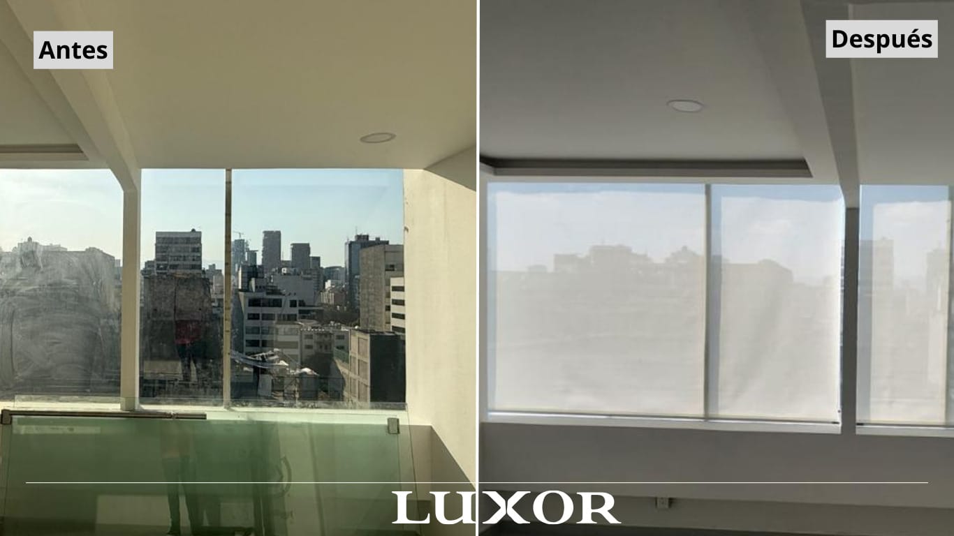 Antes y después de instalar persianas de malla solar en ventanas reales. Izquierda: ventana sin protección con mucho calor y reflejos. Derecha: misma ventana con persianas de malla solar bloqueando el 95% del calor y UV manteniendo la vista al exterior.
