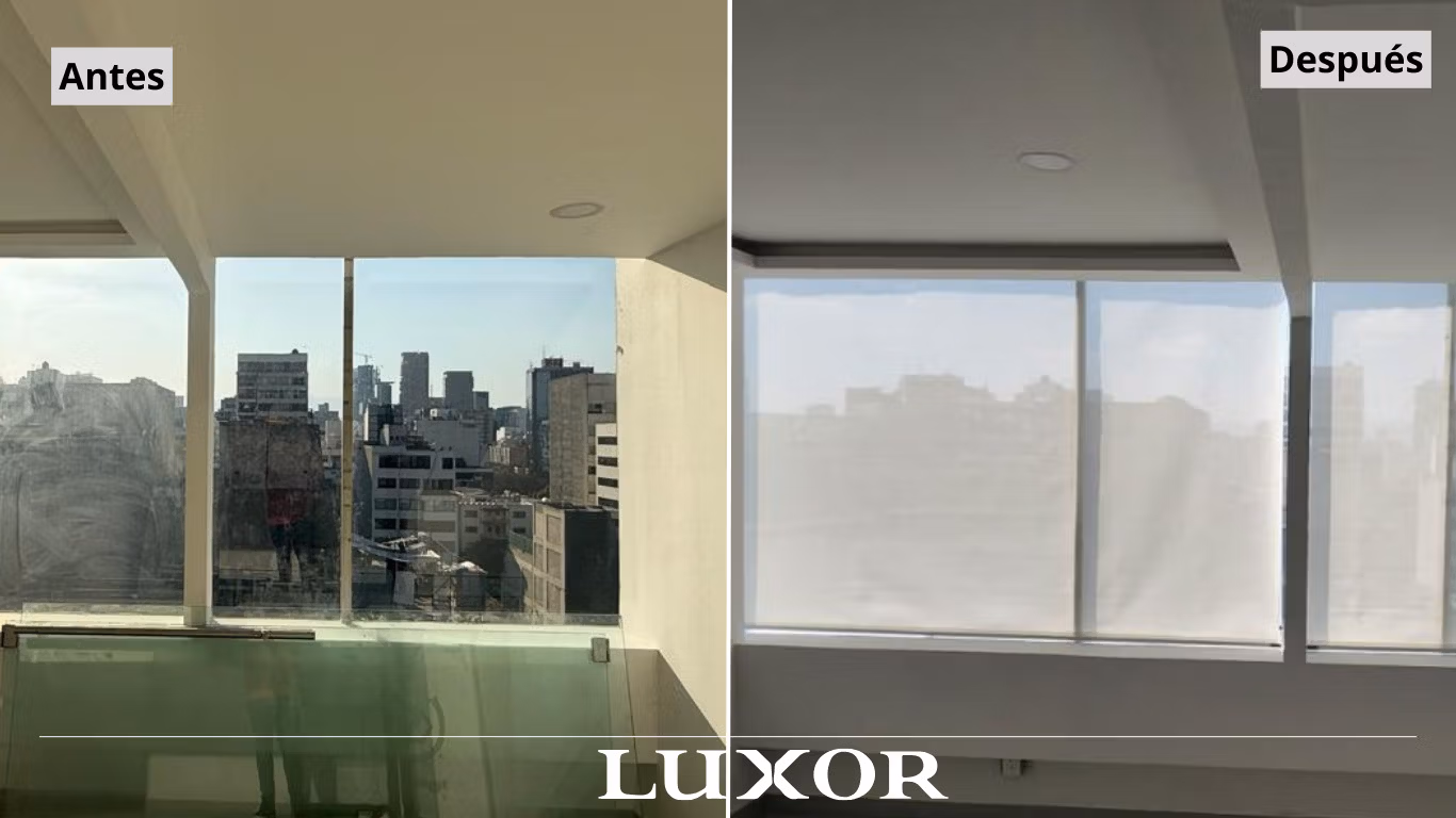 Antes y después de instalar persianas de malla solar en ventanas reales. Izquierda: ventana sin protección con mucho calor y reflejos. Derecha: misma ventana con persianas de malla solar bloqueando el 95% del calor y UV manteniendo la vista al exterior.