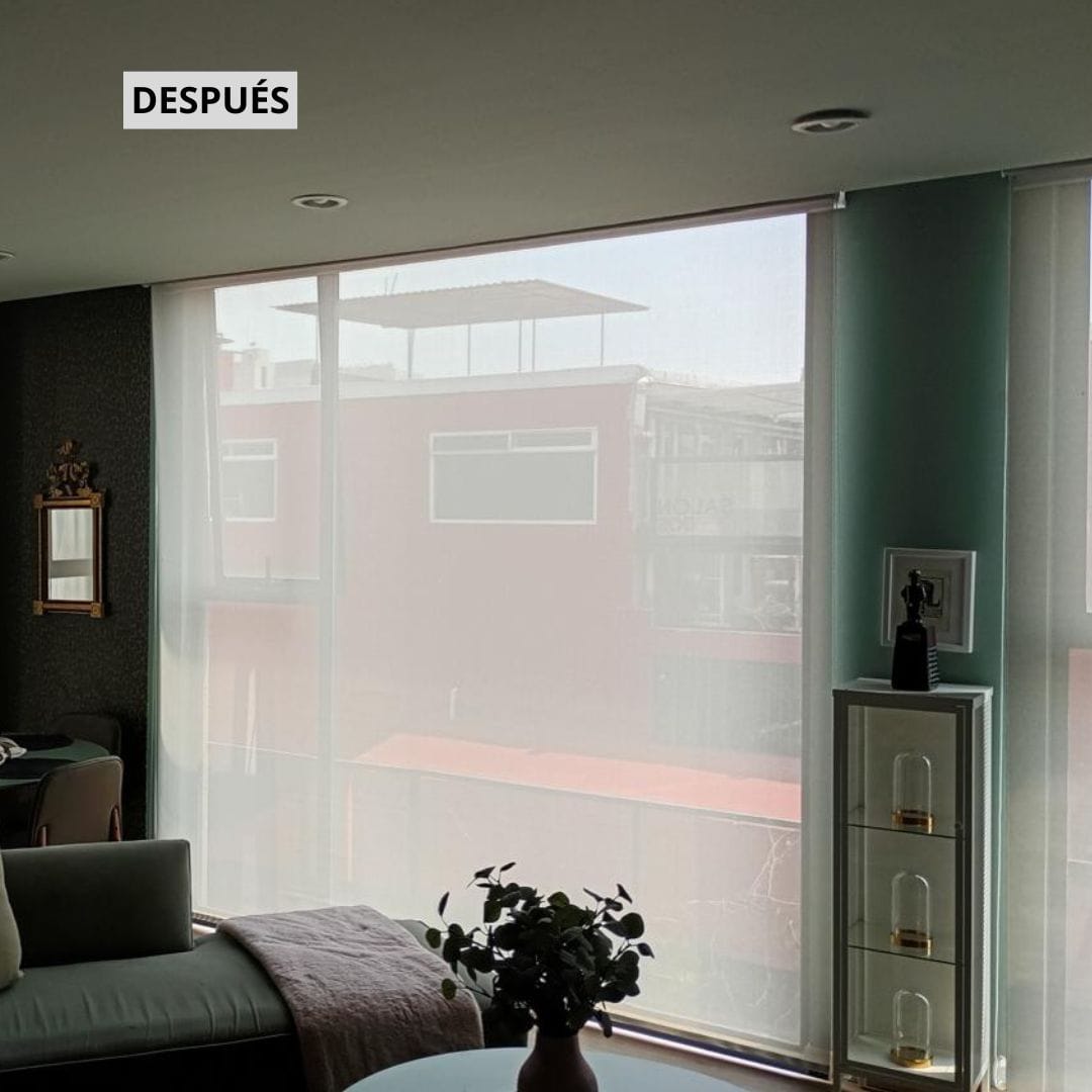 despues ventanas con persianas duales malla solar y blackout antes y despues de reemplazo de persianas horizontales de aluminio a cambio por unas persianas dia y noche (black out y malla solar)